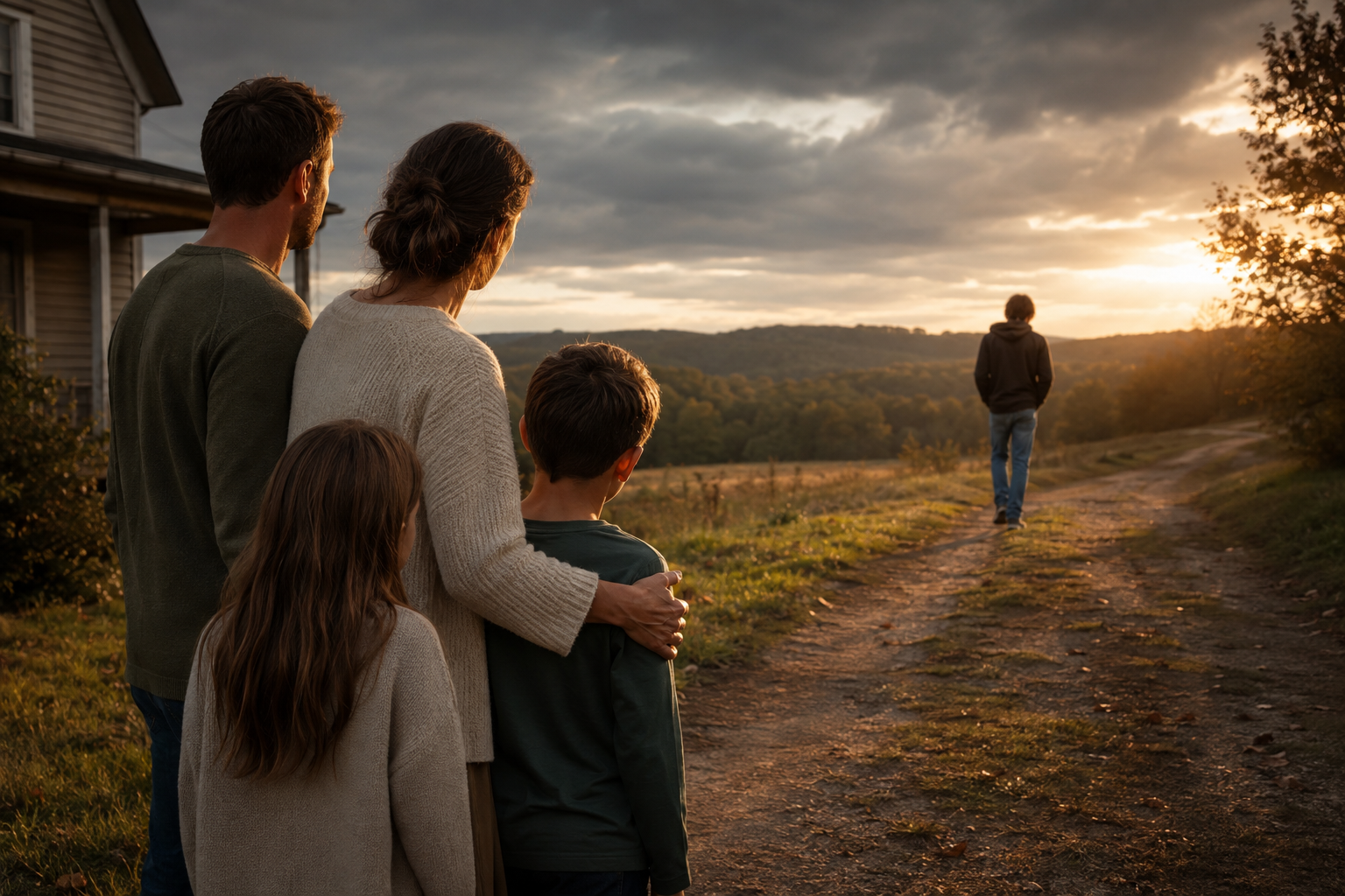 Parents and two children watch a teenage son walk away as sunlight breaks through storm clouds, illustrating the challenges of complicated families.